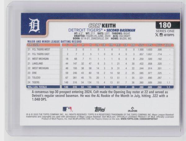 2025 Topps Colt Keith #180 Tigers - Image 3