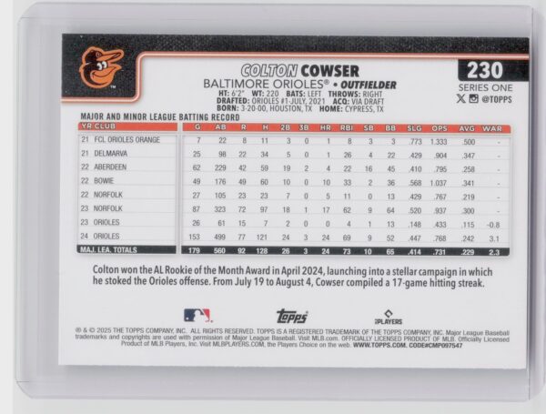 2025 Topps Colton Cowser #230 Orioles - Image 3