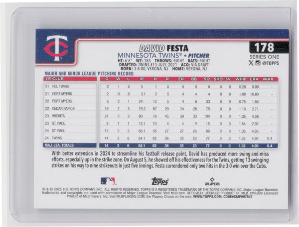 2025 Topps David Festa RC #178 Twins - Image 3