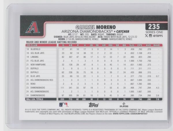 2025 Topps Gabriel Moreno Diamante Foil #235 Diamondbacks - Image 3