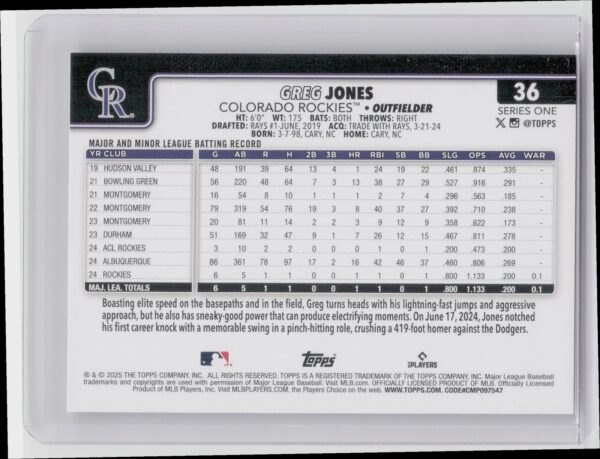 2025 Topps Greg Jones RC #36 Rockies - Image 3