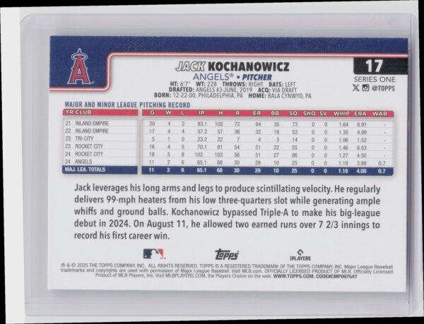 2025 Topps Jack Kochanowicz RC #17 Angels - Image 3