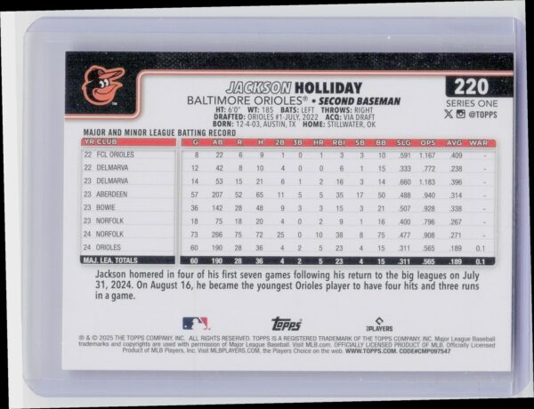 2025 Topps Jackson Holliday Future Stars #220 Orioles - Image 3