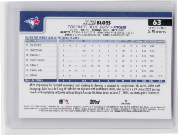 2025 Topps Jake Bloss RC #63 Jays - Image 3