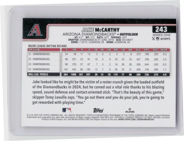 2025 Topps Jake McCarthy Diamante Foil #243 Diamondbacks - Image 3