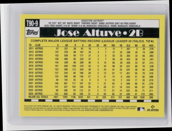 2025 Topps Jose Altuve #T90-9 Astros 1990 Topps Baseball 35th Anniversary - Image 3