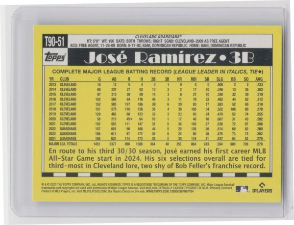 2025 Topps Jose Ramirez #T90-51 Guardians 1990 Topps Baseball 35th Anniversary - Image 3