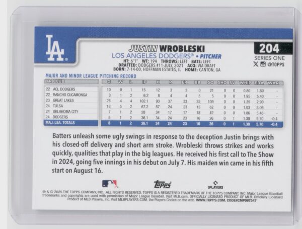 2025 Topps Justin Wrobleski Diamante Foil #204 Dodgers - Image 3