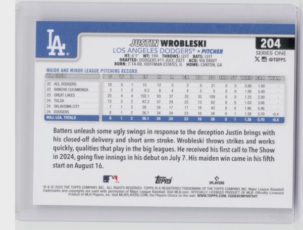 2025 Topps Justin Wrobleski RC #204 Dodgers - Image 3