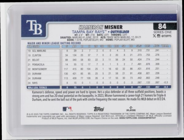 2025 Topps Kameron Misner RC #84 Rays - Image 3