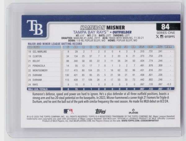 2025 Topps Kameron Misner RC #84 Rays - Image 3