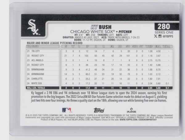 2025 Topps Ky Bush RC #280 Sox - Image 3