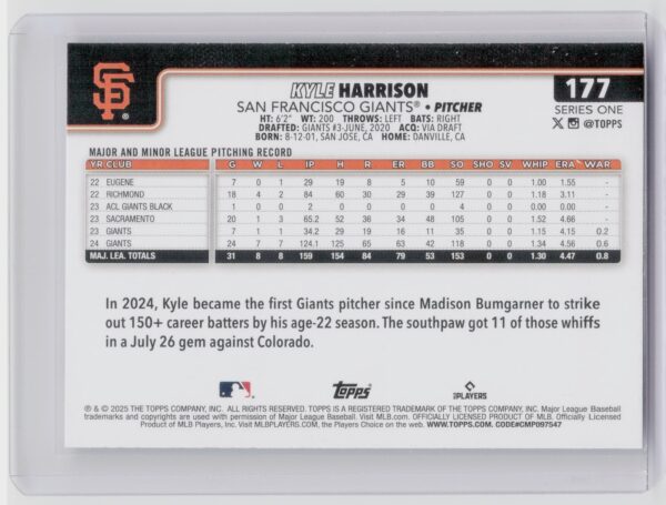 2025 Topps Kyle Harrison #177 Giants - Image 3