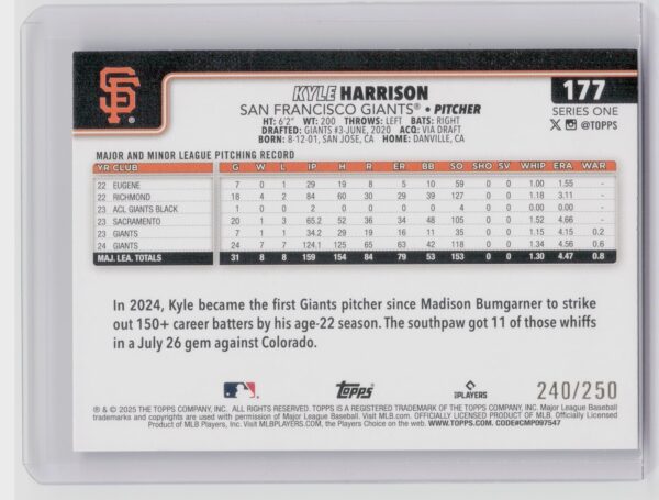 2025 Topps Kyle Harrison Purple Holo Foil /250 #177 Giants - Image 3