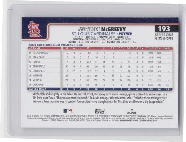 2025 Topps Michael McGreevy RC #193 Cardinals - Image 3