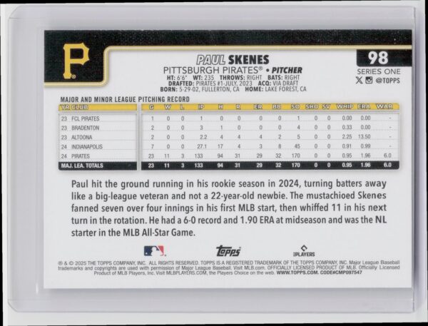 2025 Topps Paul Skenes #98 Pirates - Image 3