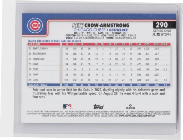 2025 Topps Pete Crow-Armstrong #290 Cubs - Image 3