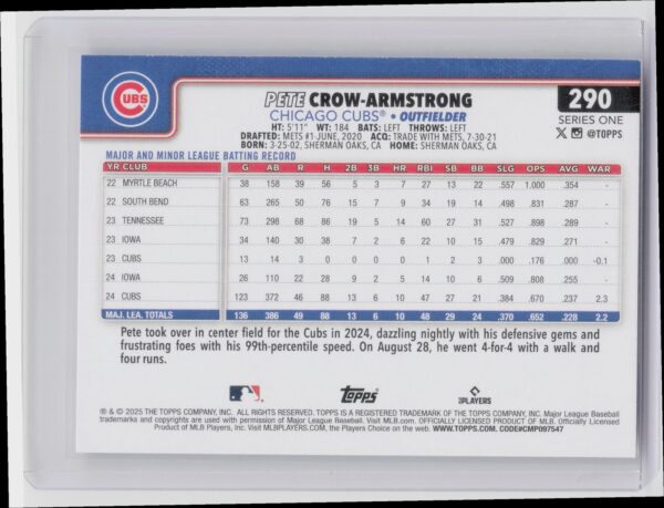 2025 Topps Pete Crow-Armstrong #290 Cubs - Image 3