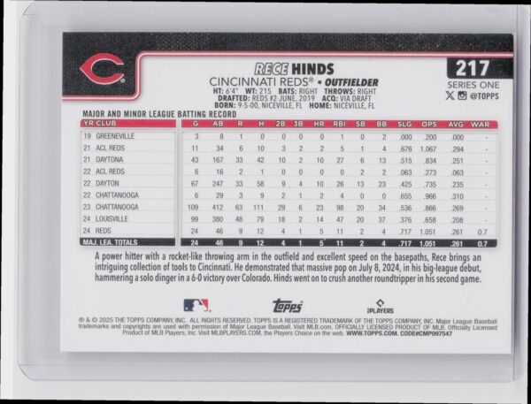 2025 Topps Rece Hinds RC #217 Reds - Image 3