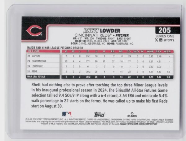 2025 Topps Rhett Lowder RC #205 Reds - Image 3