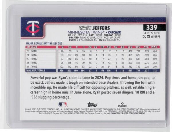 2025 Topps Ryan Jeffers Rainbow Foil #339 Twins - Image 3