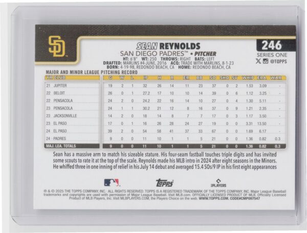 2025 Topps Sean Reynolds RC #246 Padres - Image 3