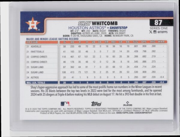 2025 Topps Shay Whitcomb RC #87 Astros - Image 3