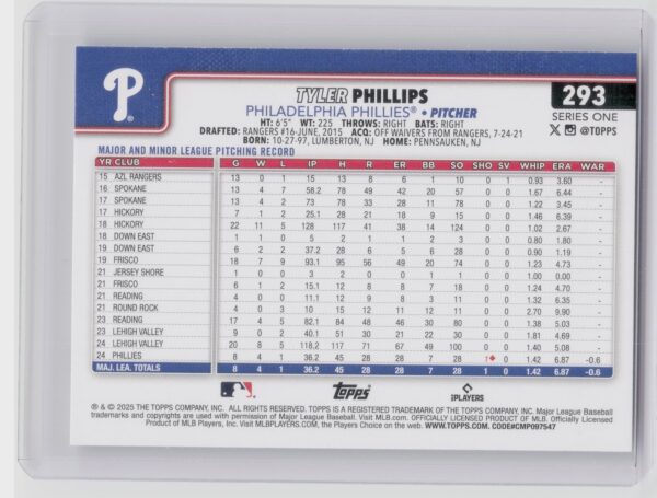 2025 Topps Tyler Phillips RC #293 Phillies - Image 3