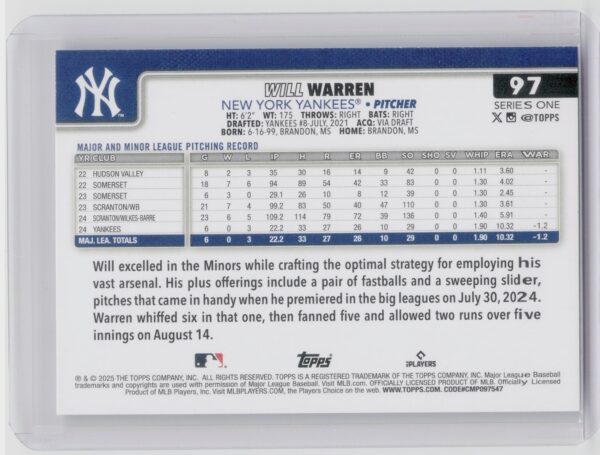2025 Topps Will Warren RC #97 Yankees - Image 3