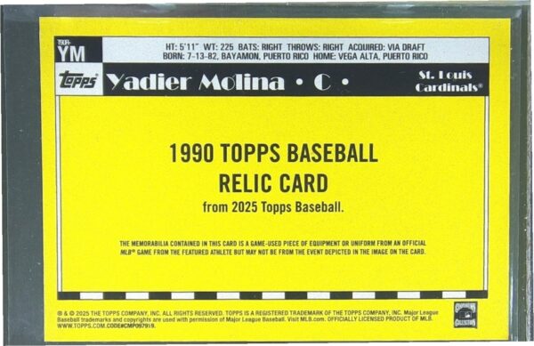 2025 Topps Yadier Molina JSY #T90R-YM Cardinals 1990 35th Anniversary relic - Image 3