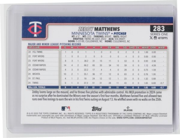 2025 Topps Zebby Matthews RC #283 Twins - Image 3