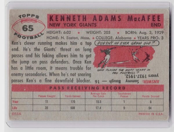1956 Topps Ken MacAfee #65 Giants - Image 3