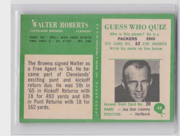 1966 Philadelphia Walter Roberts #48 Browns - Image 3