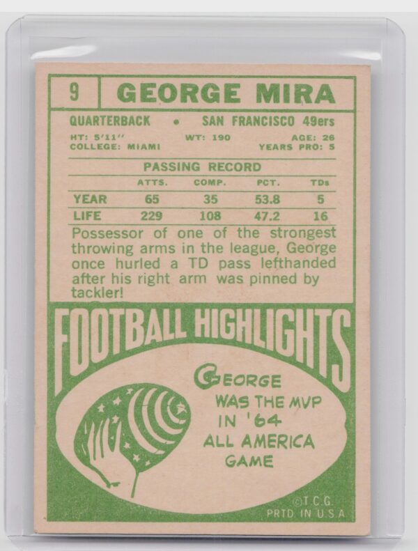 1968 Topps George Mira #9 49ers - Image 3