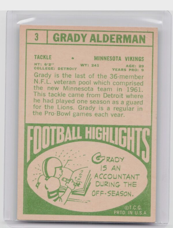 1968 Topps Grady Alderman #3 Vikings - Image 3
