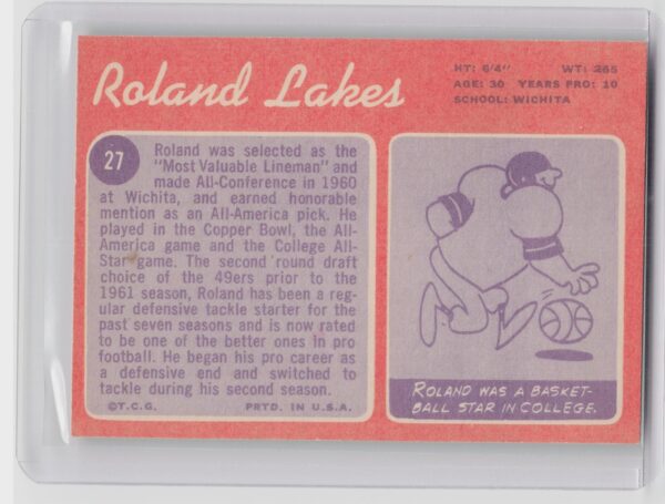 1970 Topps Roland Lakes #27 49ers - Image 3