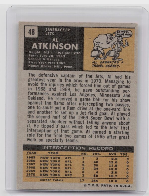 1971 Topps Al Atkinson #48 Jets - Image 3