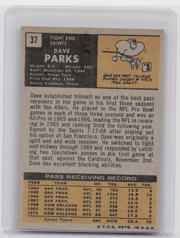1971 Topps Dave Parks #37 Saints - Image 3
