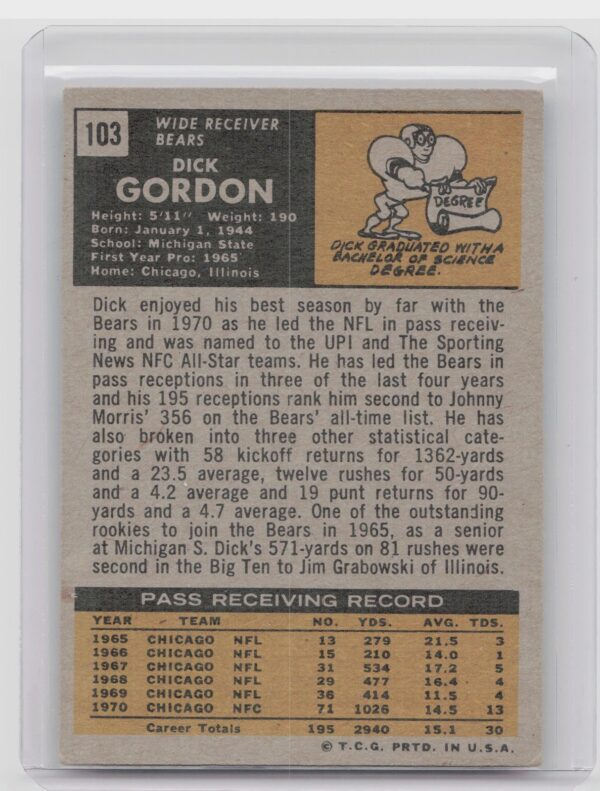 1971 Topps Dick Gordon #103 Bears - Image 3