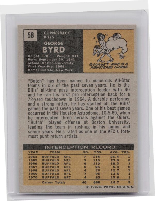1971 Topps George Byrd #58 Bills - Image 3