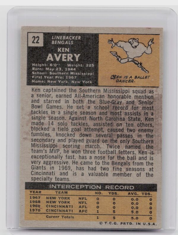 1971 Topps Ken Avery RC #22 Bengals - Image 3