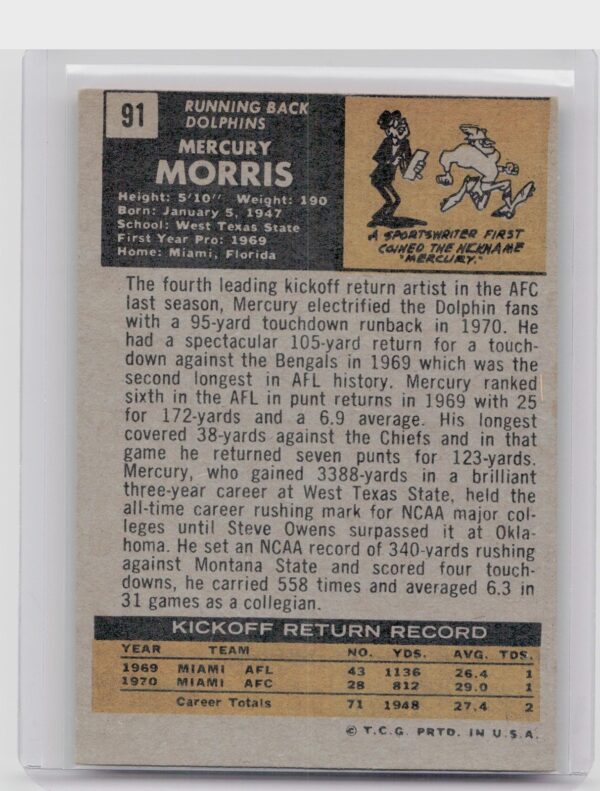 1971 Topps Mercury Morris RC #91 Dolphins - Image 3
