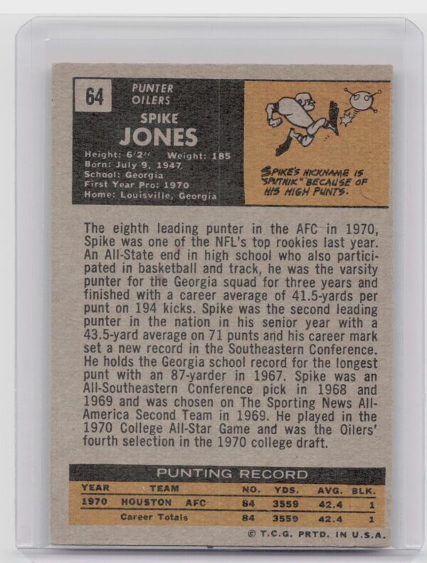 1971 Topps Spike Jones RC #64 Oilers - Image 3