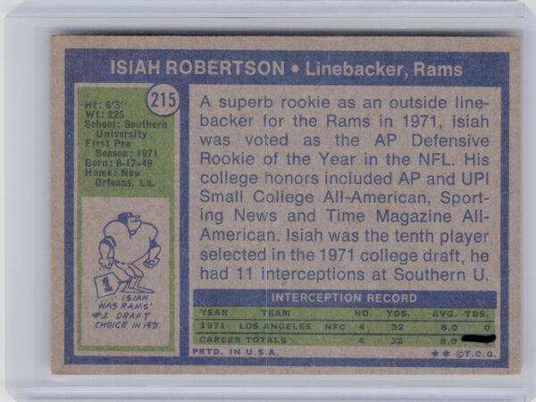 1972 Topps Isiah Robertson RC #215 Rams - Image 3