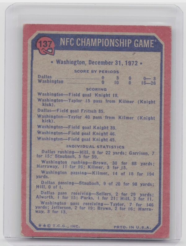 1973 Topps 1972 NFC Championship Game #137 Cowboys - Image 3