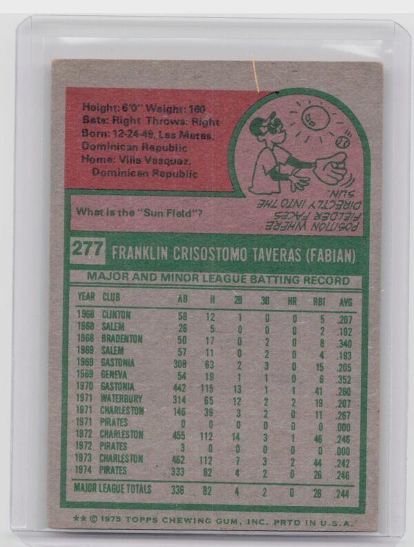 1975 Topps Frank Taveras #277 Pirates - Image 3