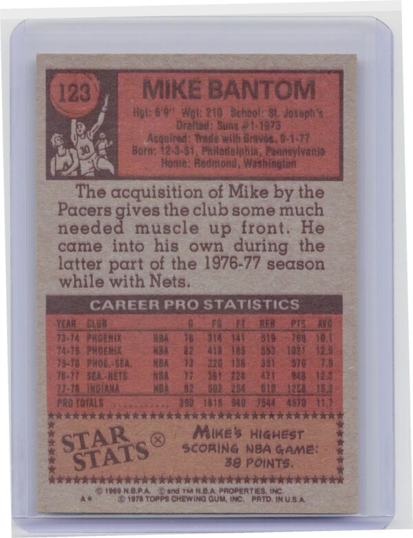 1978-79 Topps Mike Bantom #123 Pacers - Image 3
