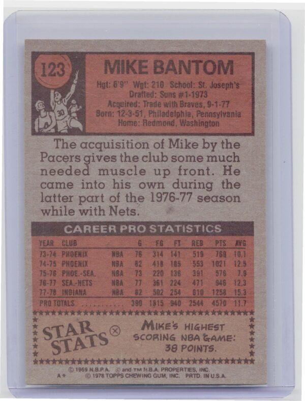 1978-79 Topps Mike Bantom #123 Pacers - Image 3