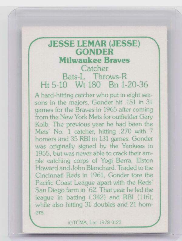 1978 TCMA The 1960's I Jesse Gonder #0122 Braves - Image 3