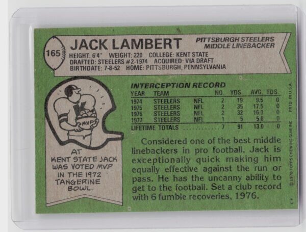 1978 Topps Jack Lambert #165 Steelers - Image 3